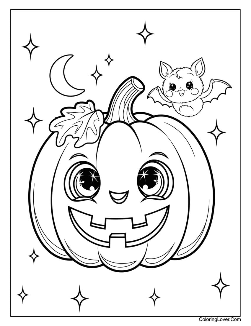 Cute jack-o'-lantern with bat Halloween coloring page