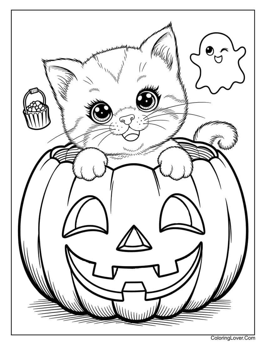 Cute kitten in pumpkin Halloween coloring page