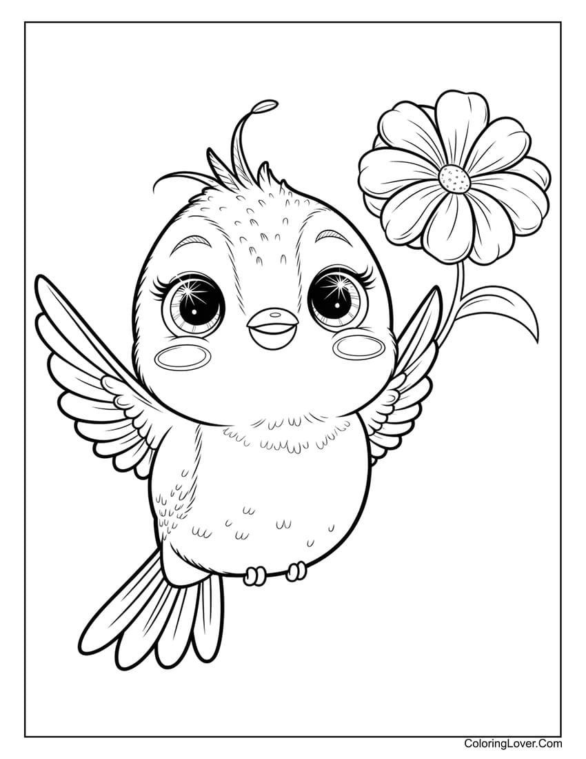 Cute little bird with flower coloring page for kids