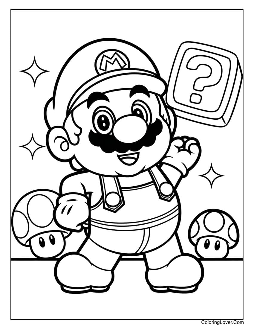 Cute Mario with question block coloring page for kids