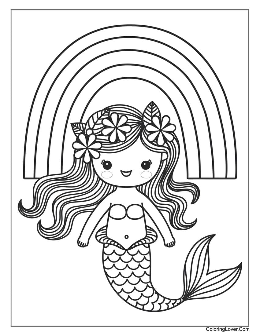 Cute mermaid with rainbow coloring page for girls