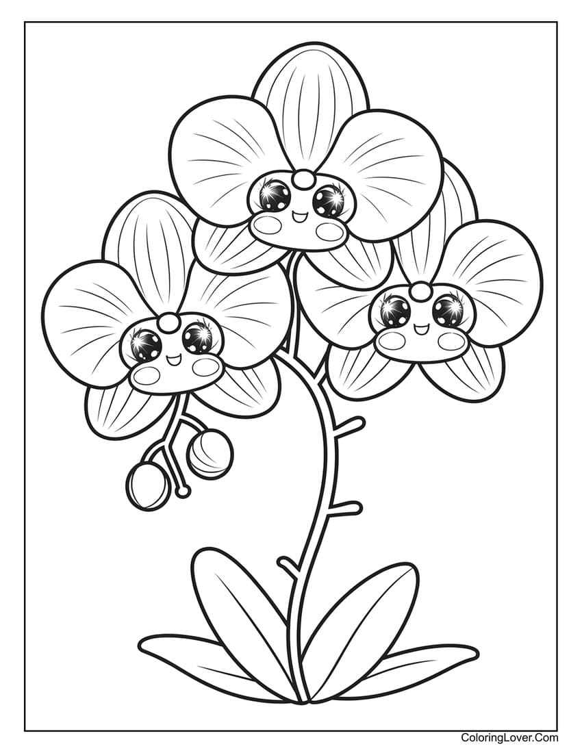 Cute orchids coloring page with happy faces for girls