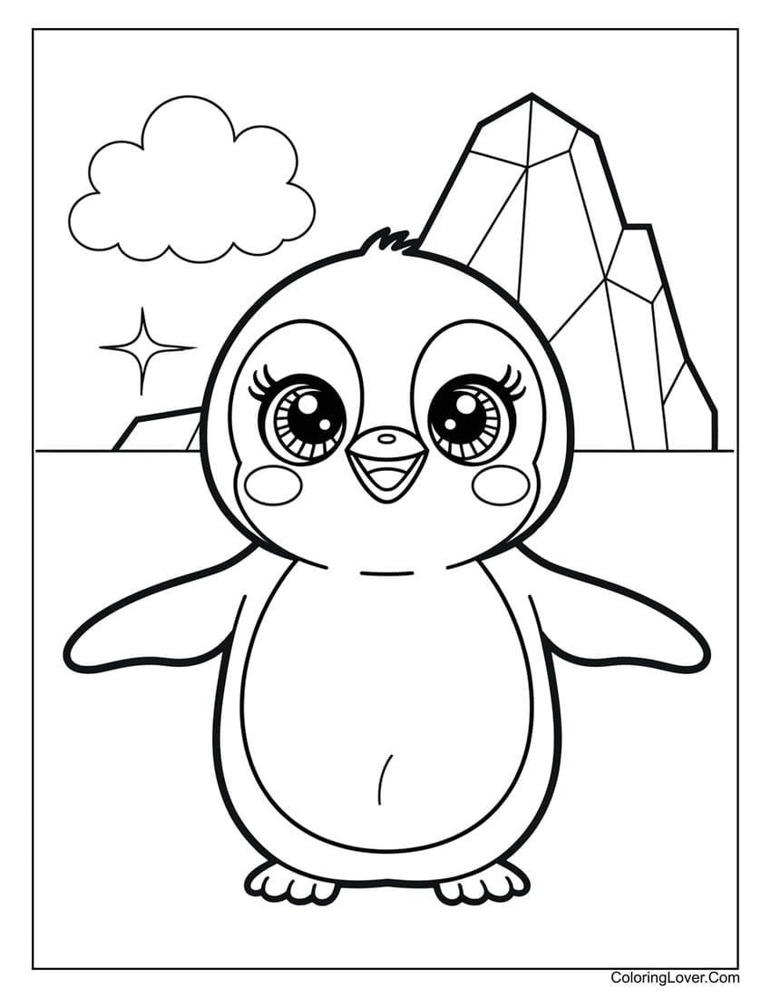 Cute penguin coloring sheet with icy mountain background