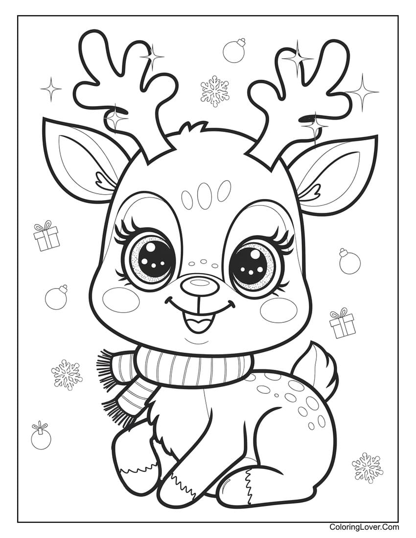 Cute reindeer with scarf Christmas coloring page