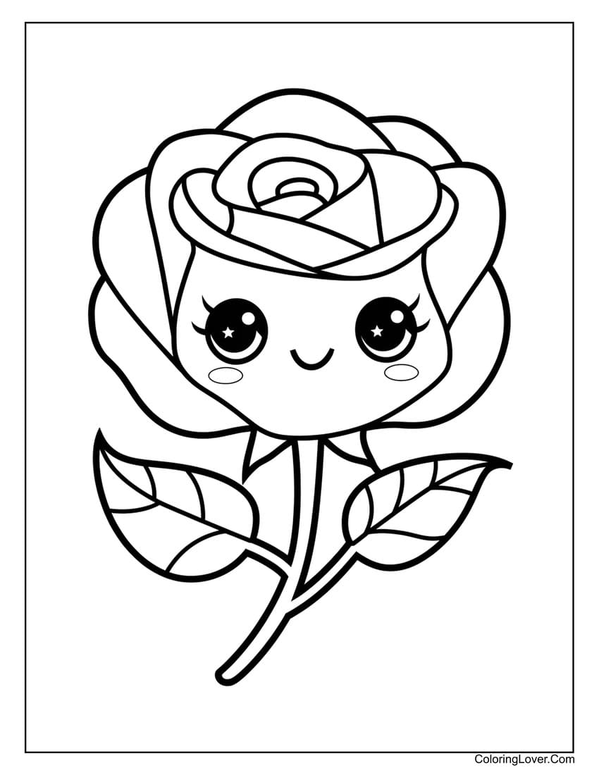 Cute rose coloring page for kids with smiling face