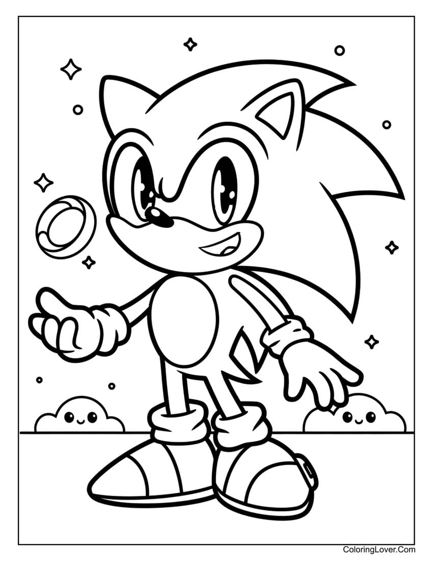 Cute Sonic holding a ring coloring page for kids