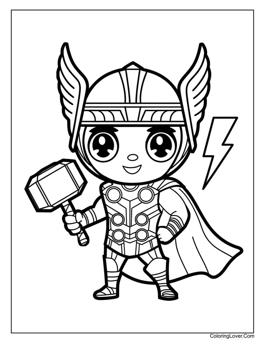 Cute Thor holding hammer cute coloring page for kids