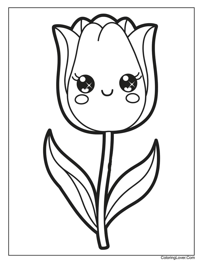 Cute tulip coloring page with smiling face for kids