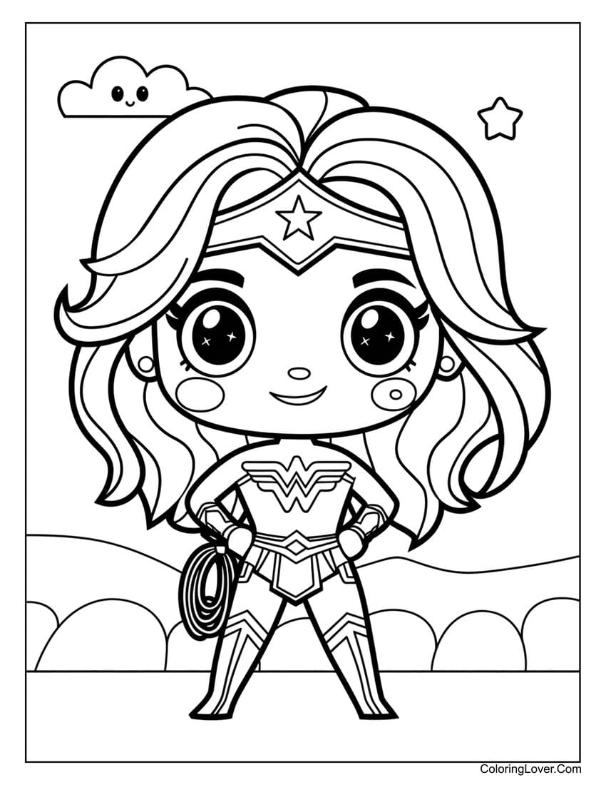 Cute Wonder Woman superhero coloring sheet