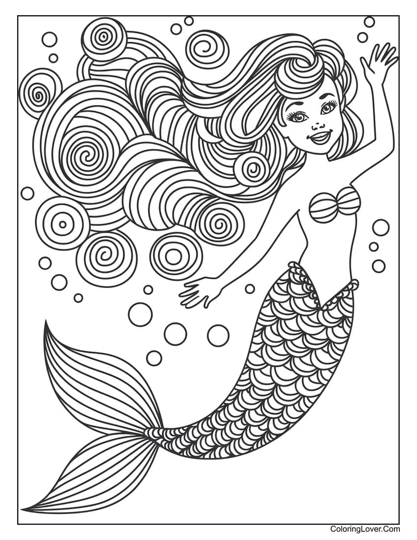 Detailed mermaid swirling hair coloring page for adults