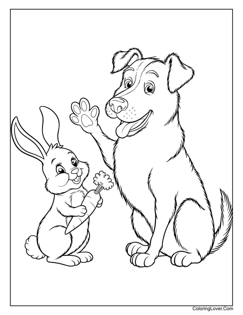 Dog and bunny waving coloring page