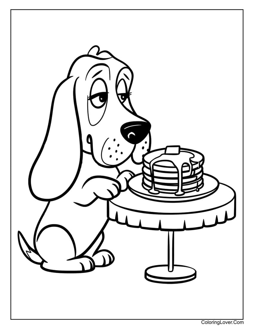 Dog coloring page enjoying pancakes at a table