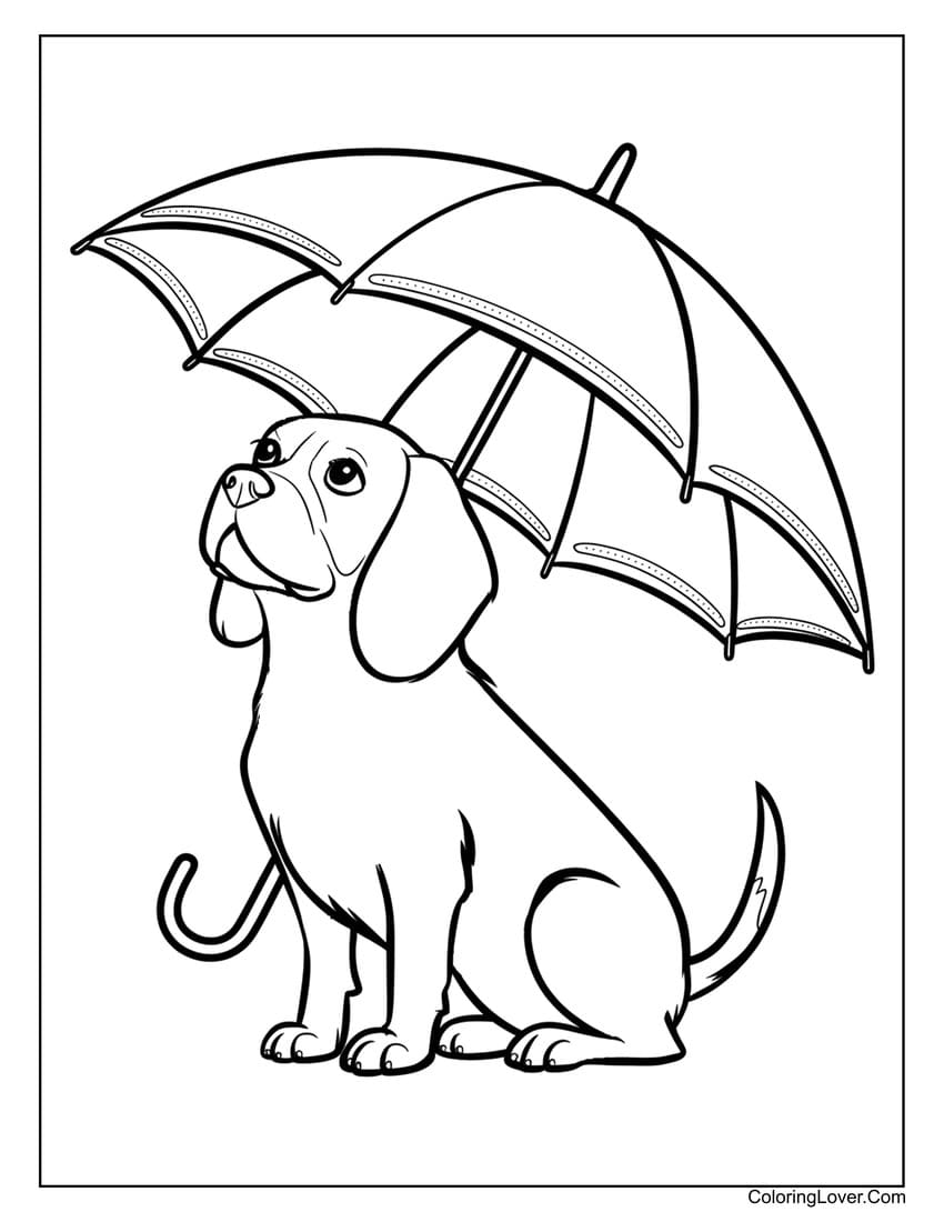 Dog coloring page sitting under an umbrella