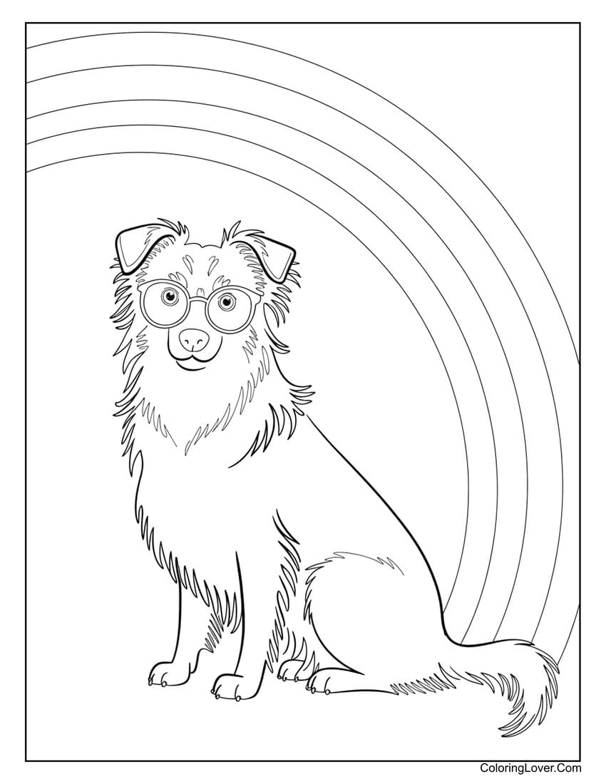 Dog coloring sheet with glasses and rainbow