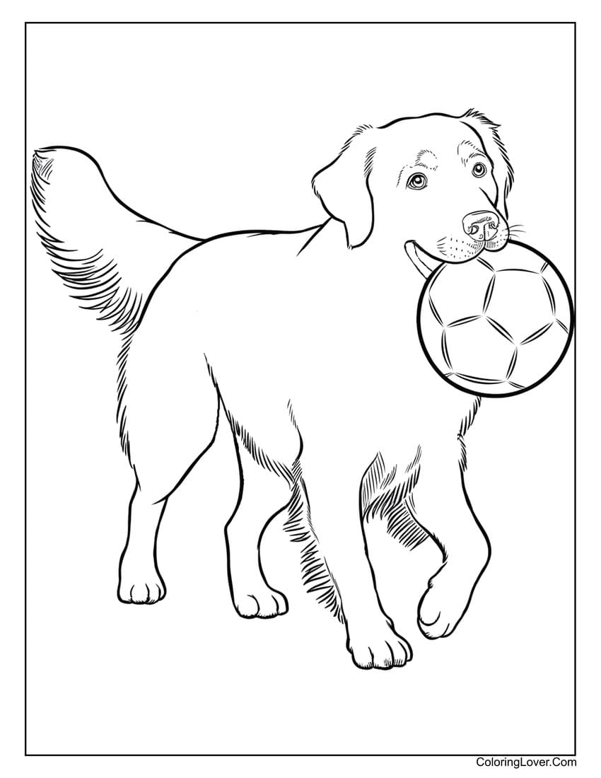 Dog holding soccer ball coloring page for kids