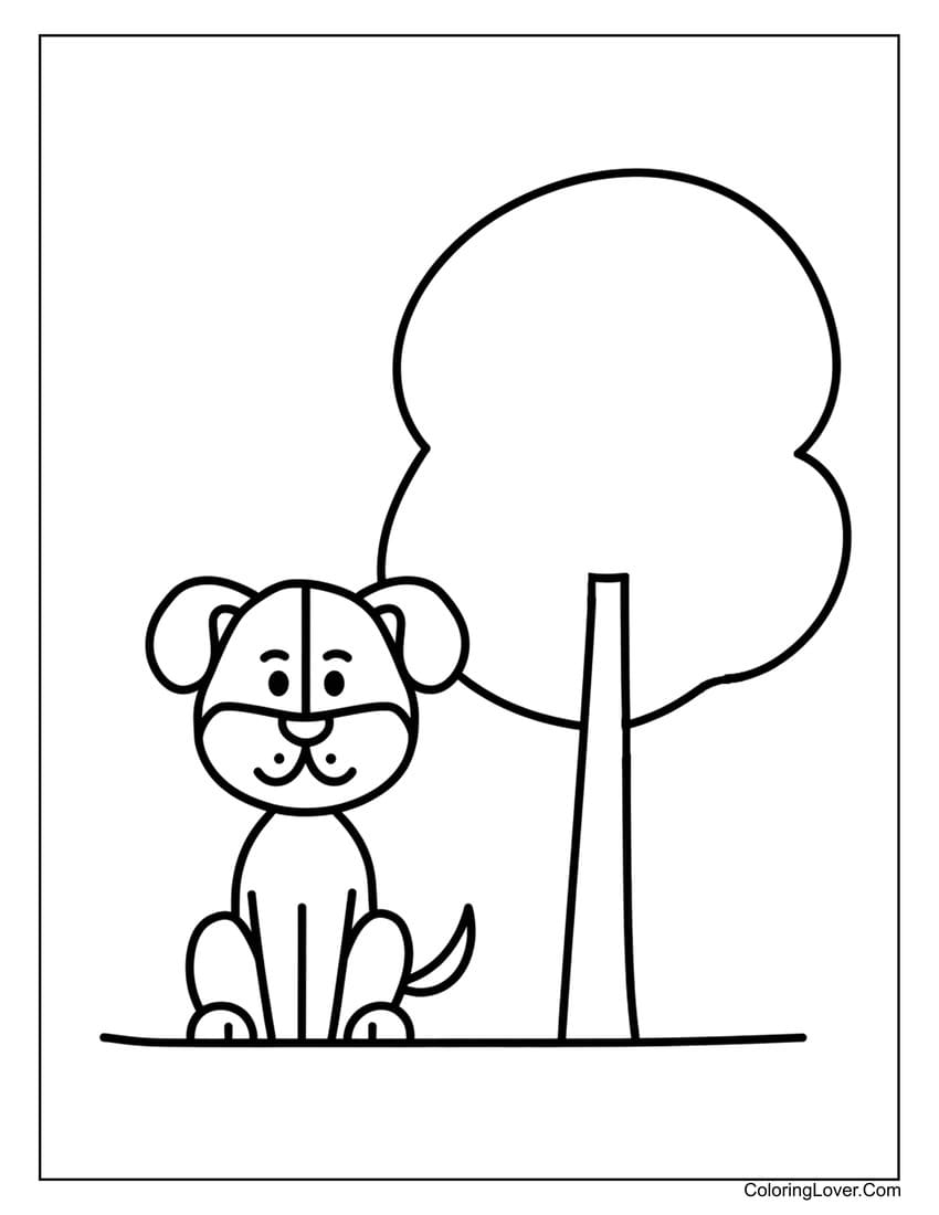 Dog and Tree Coloring Page for Preschool