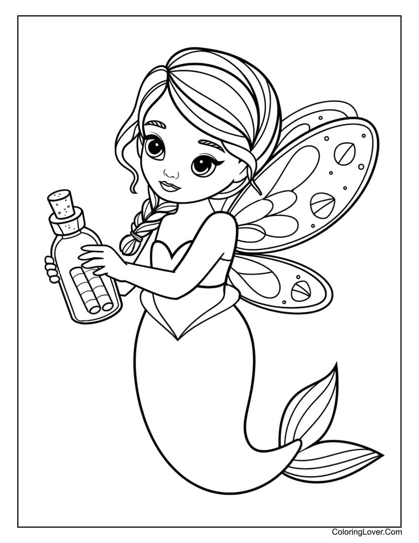 Fairy mermaid holding a magic bottle coloring page for girls