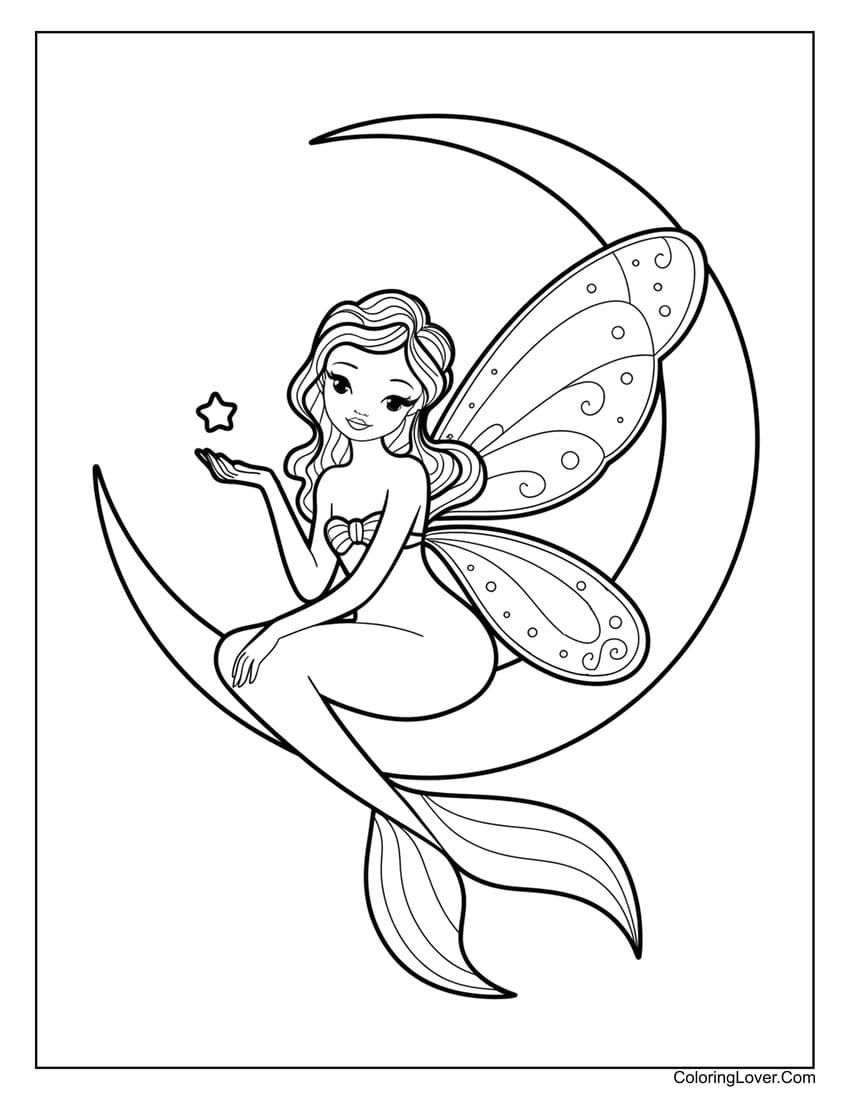 Fairy mermaid sitting on crescent moon coloring page