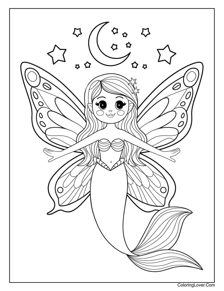 Fairy mermaid under moon and stars coloring sheet