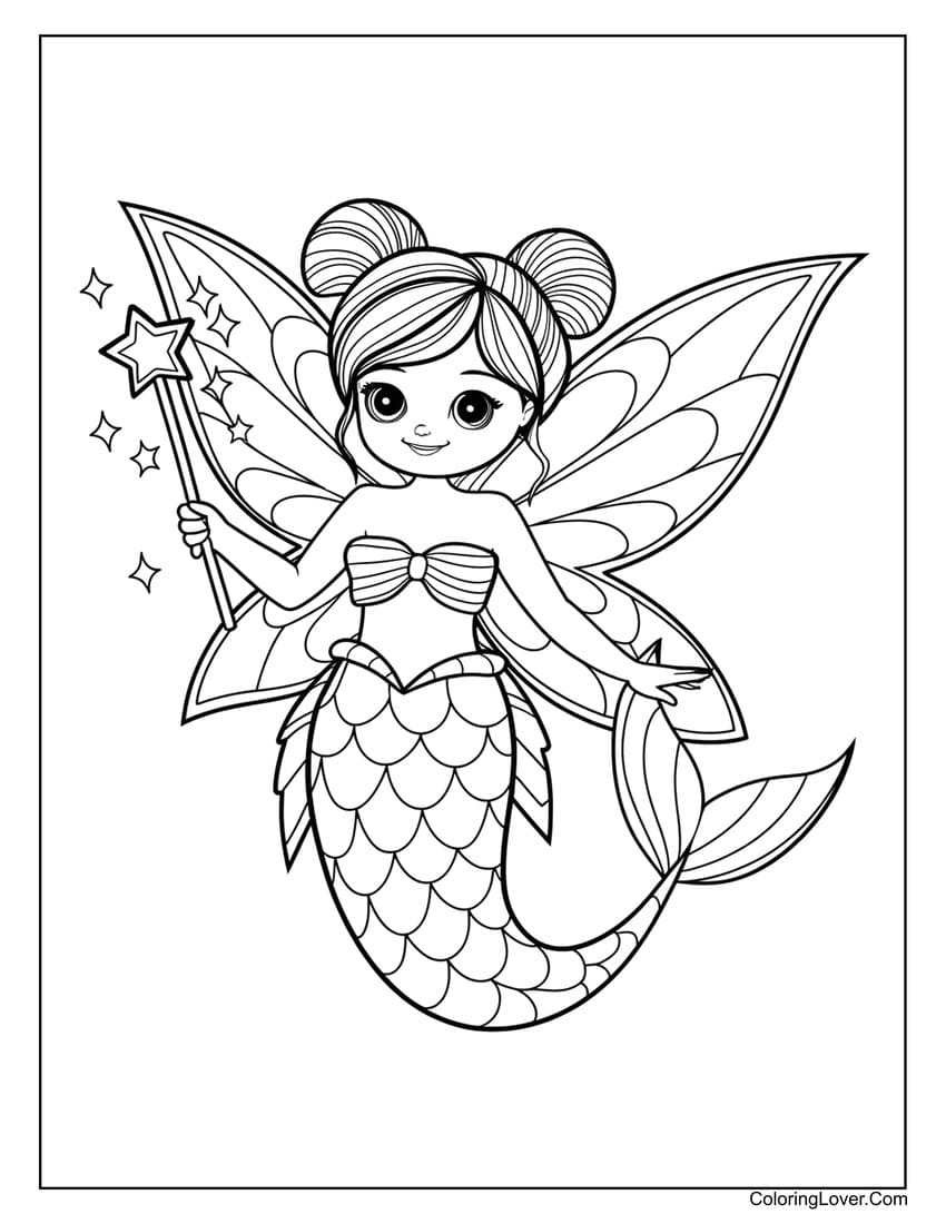 Fairy mermaid with magic wand coloring page for girls