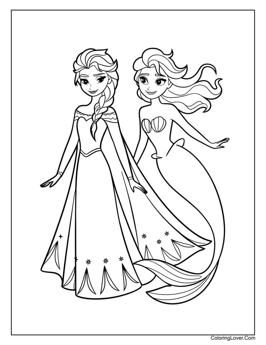 Frozen Elsa and mermaid coloring page for girls