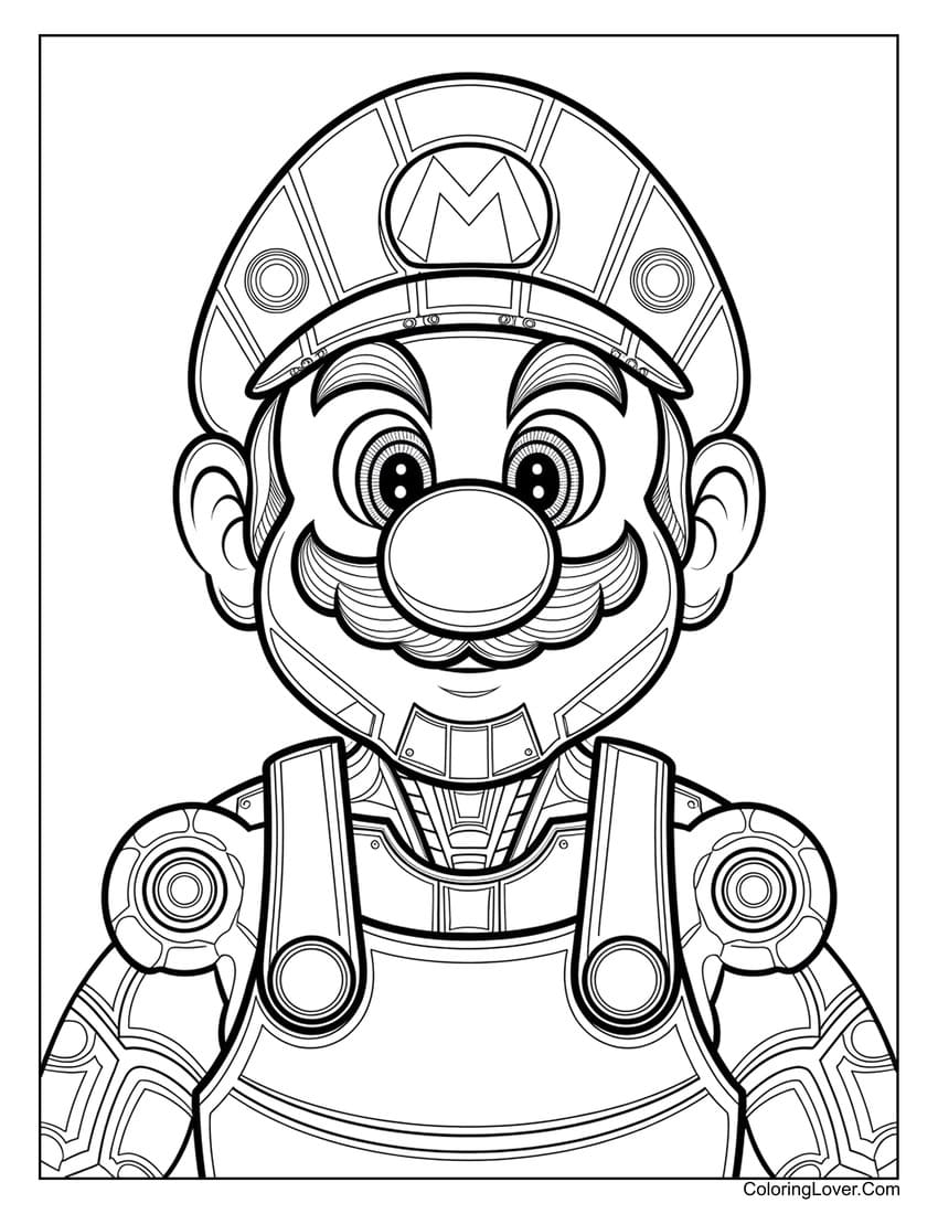 Futuristic Mario robot coloring page for adults