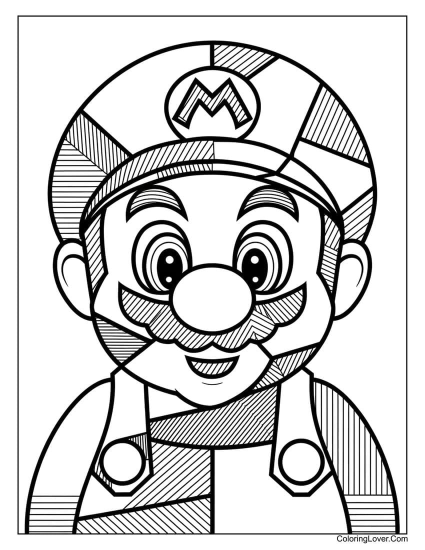 Geometric Mario face coloring page for adults