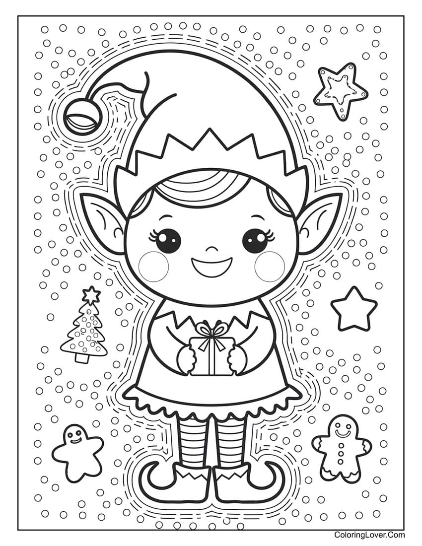 Happy Christmas elf with present coloring page