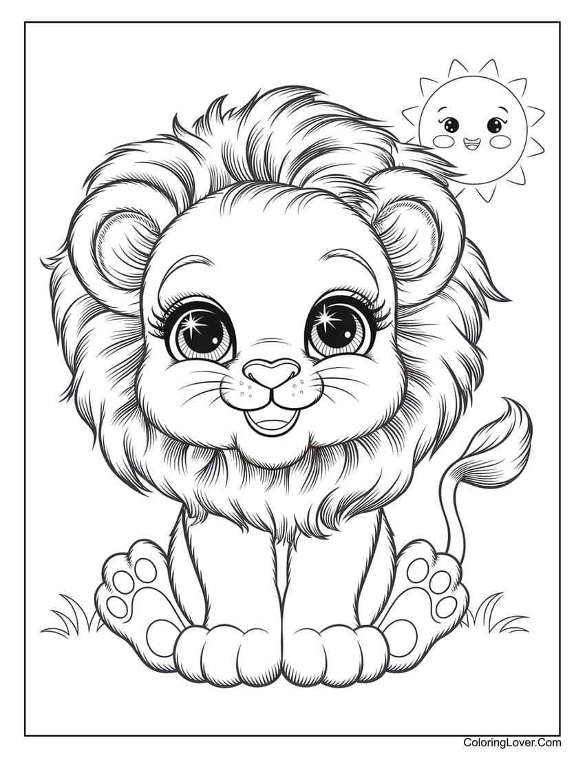 Happy cute lion coloring page for kids