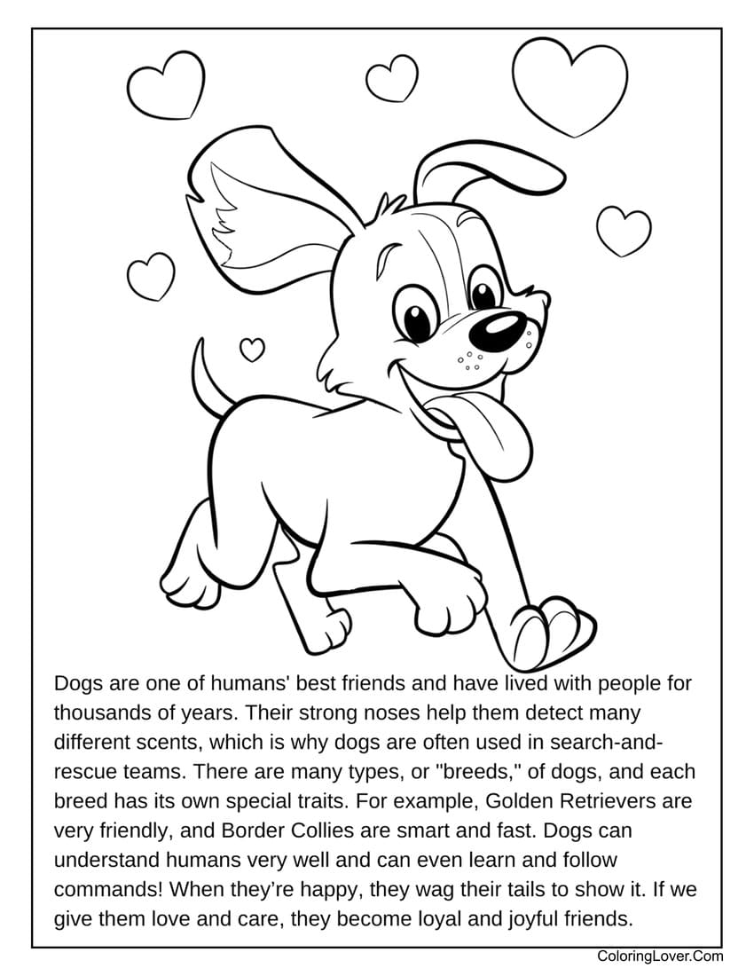 Happy dog coloring page with hearts