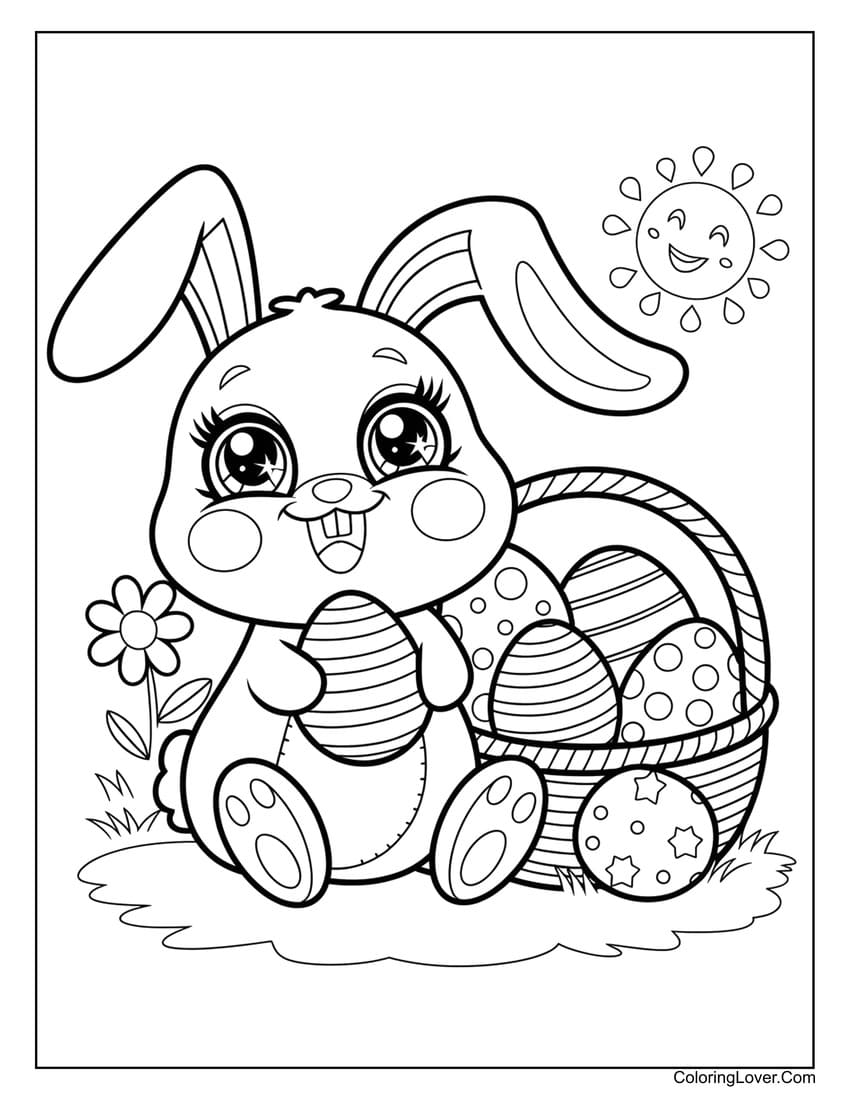 Happy Easter bunny with eggs in basket coloring page