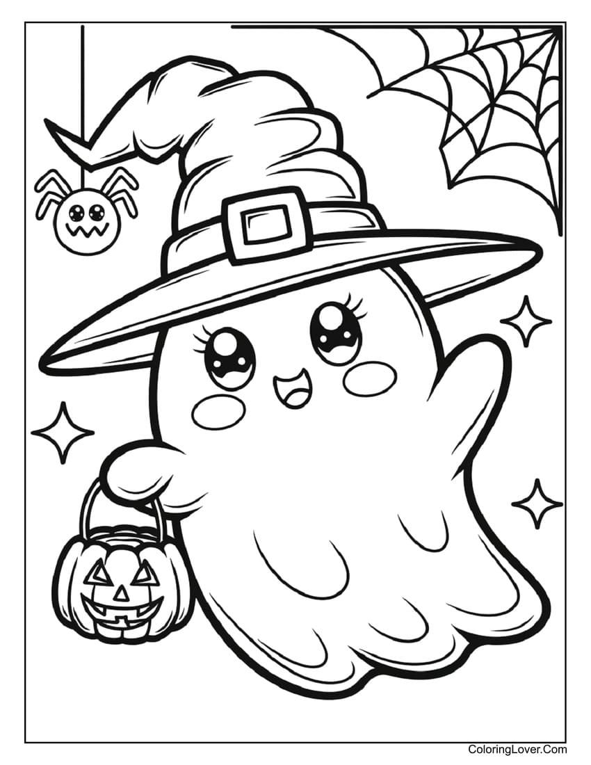 Happy ghost with witch hat Halloween coloring page