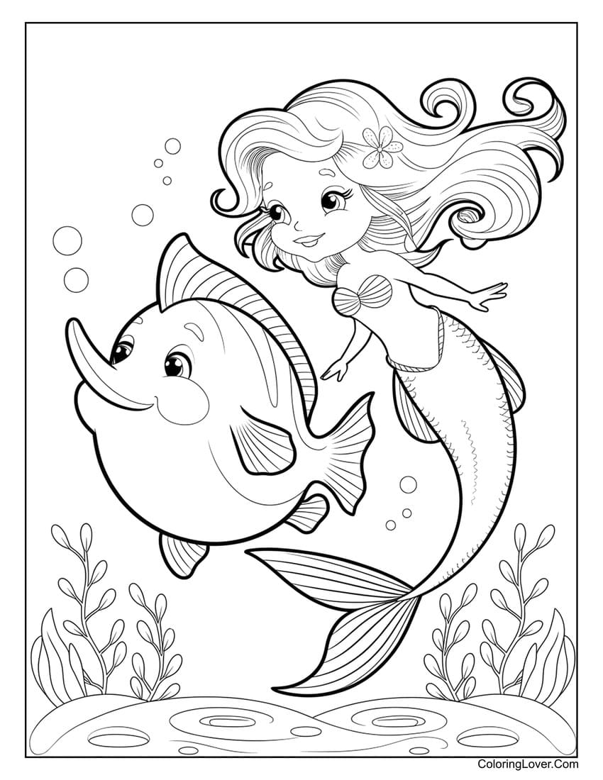 Happy mermaid and swordfish underwater coloring sheet