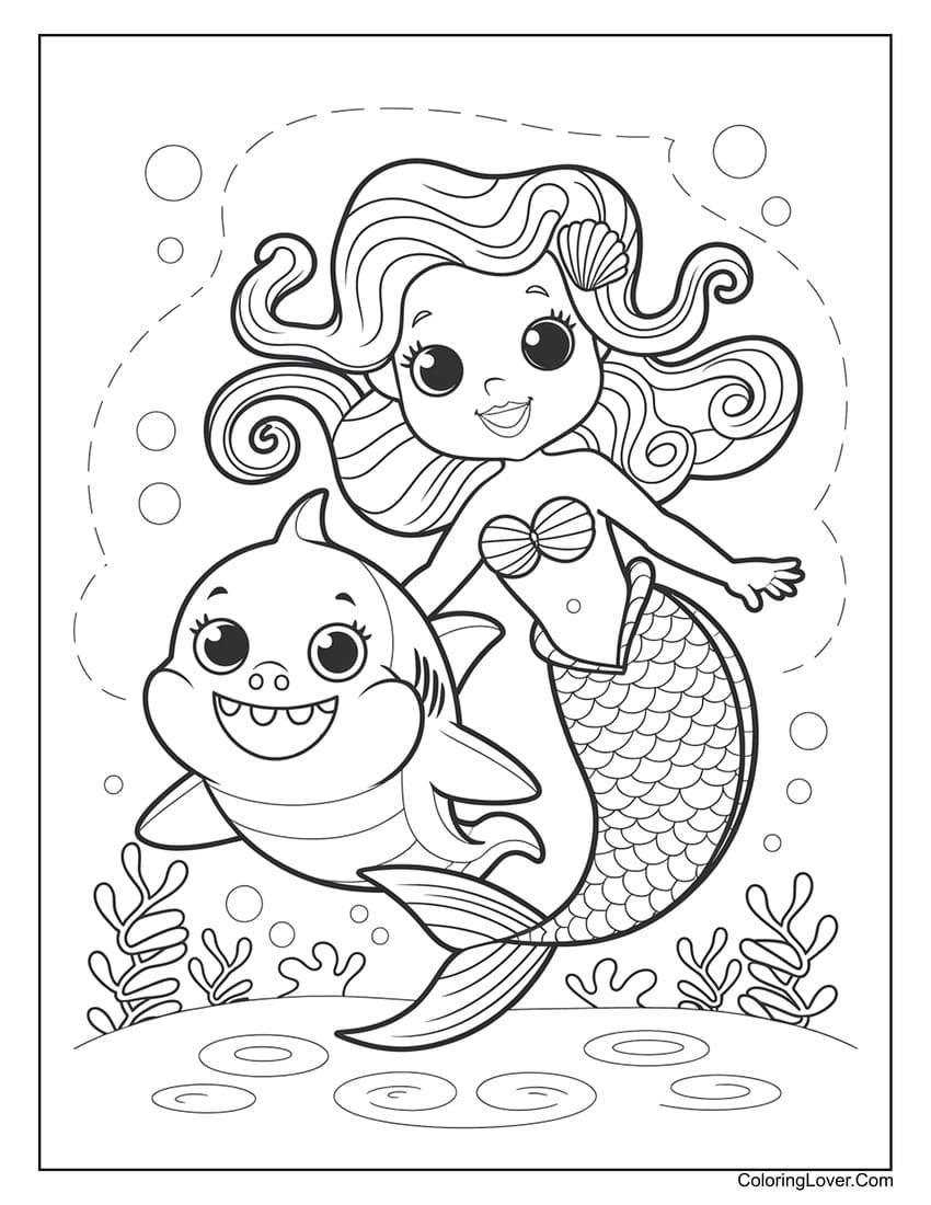 Happy mermaid with smiling shark coloring page for kids