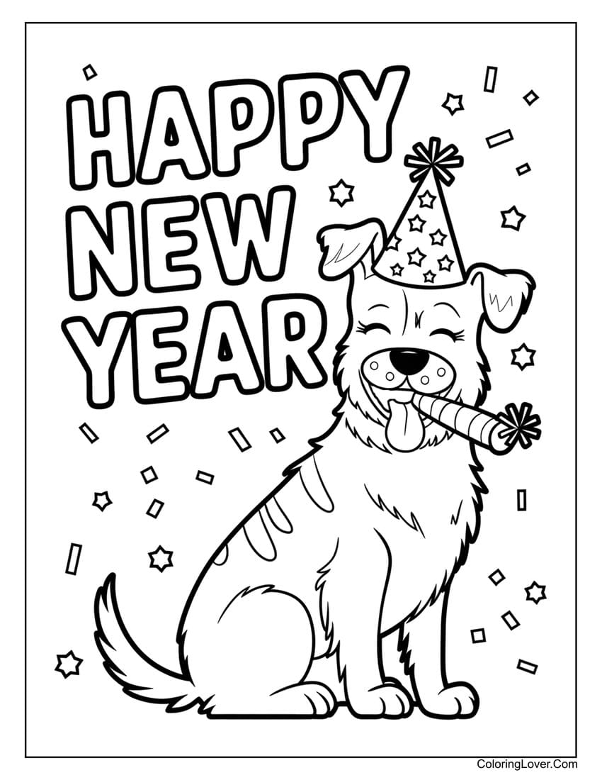 Happy New Year dog coloring sheet for kids