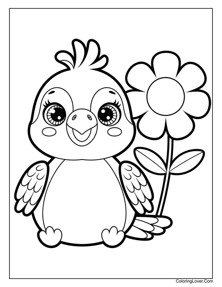 Happy parrot sitting near a flower coloring page