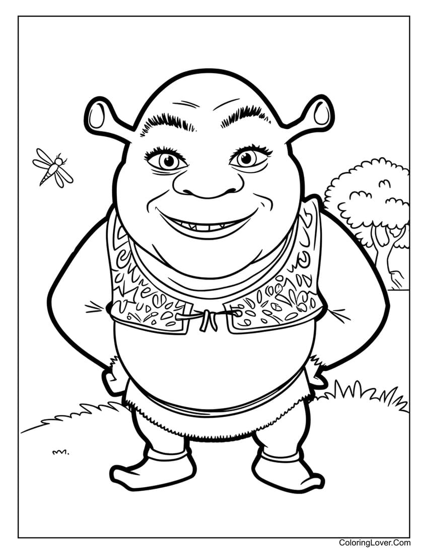 Happy Shrek standing in the forest coloring page