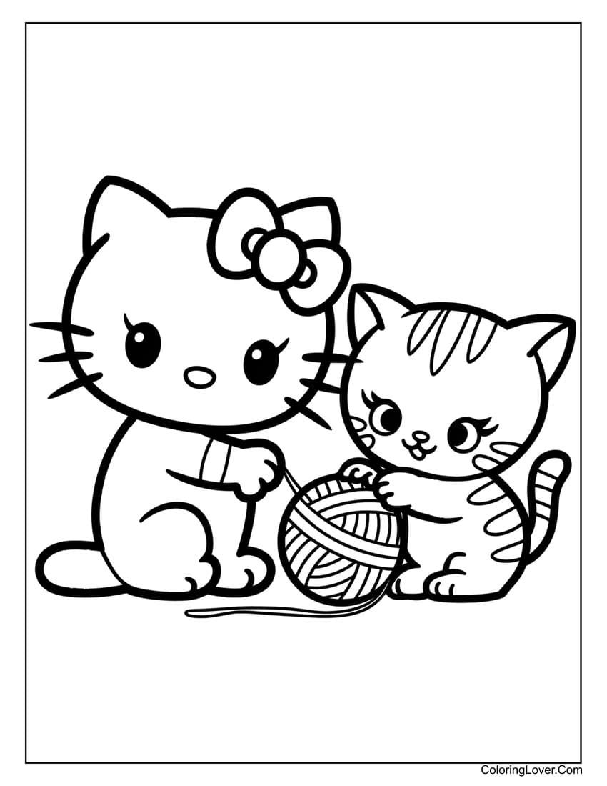 Hello Kitty and kitten playing yarn coloring page