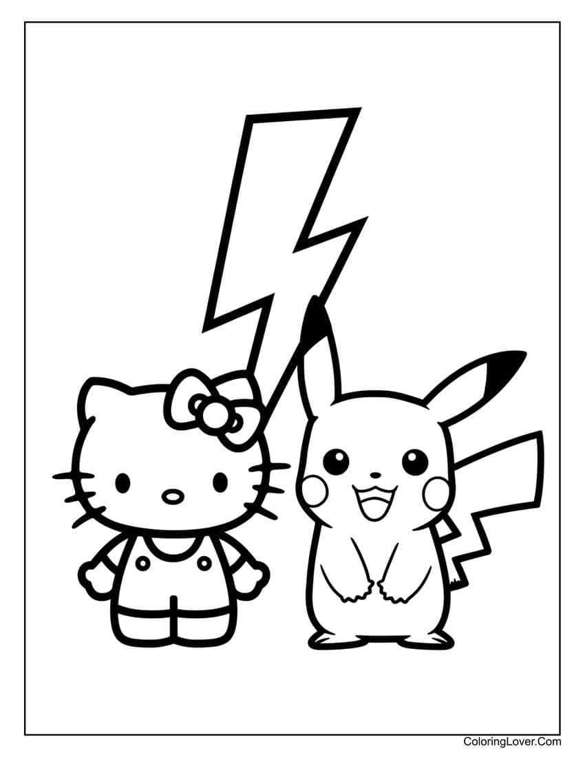 Hello Kitty and Pikachu with lightning bolt coloring page