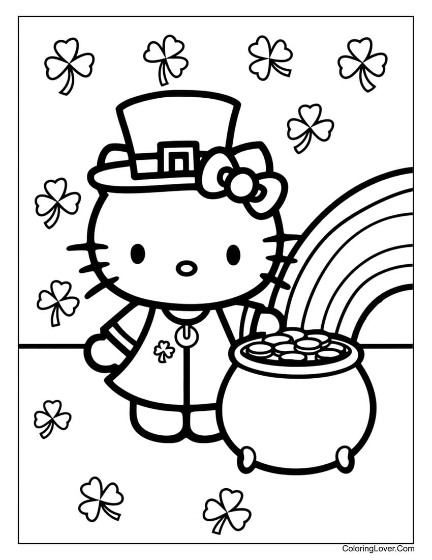 Hello Kitty as a leprechaun with rainbow coloring page