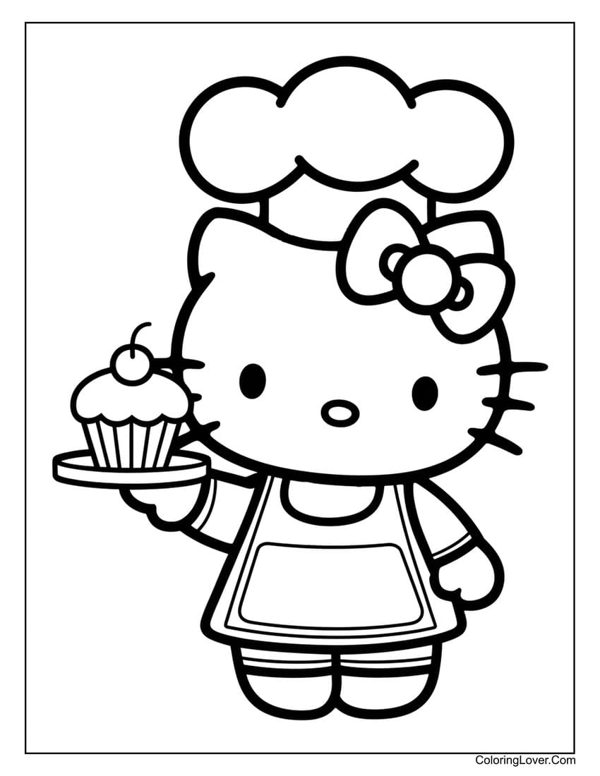 Hello Kitty chef holding cupcake coloring page for kids