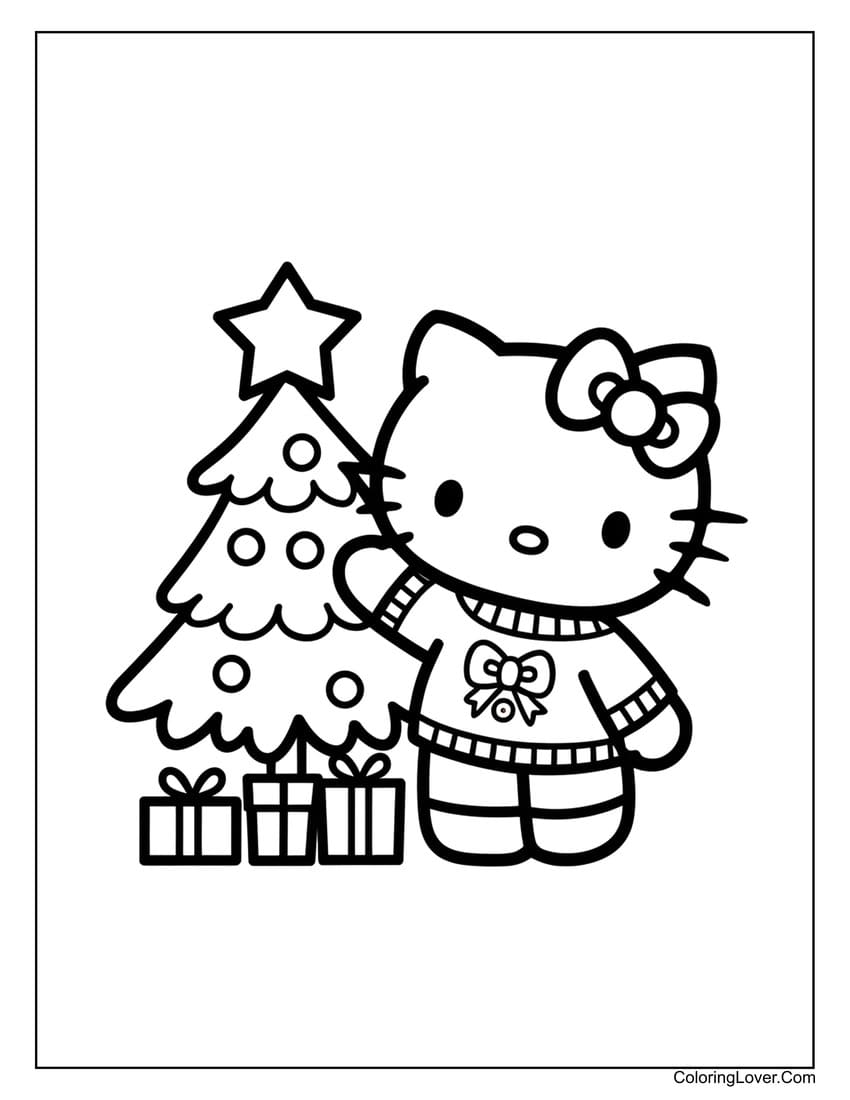 Hello Kitty decorating a Christmas tree coloring page