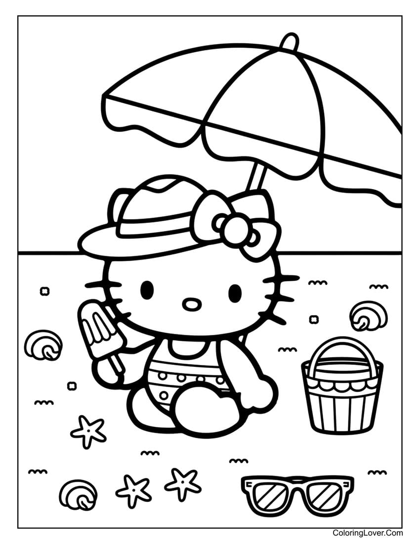 Hello Kitty enjoying ice cream at the beach under an umbrella