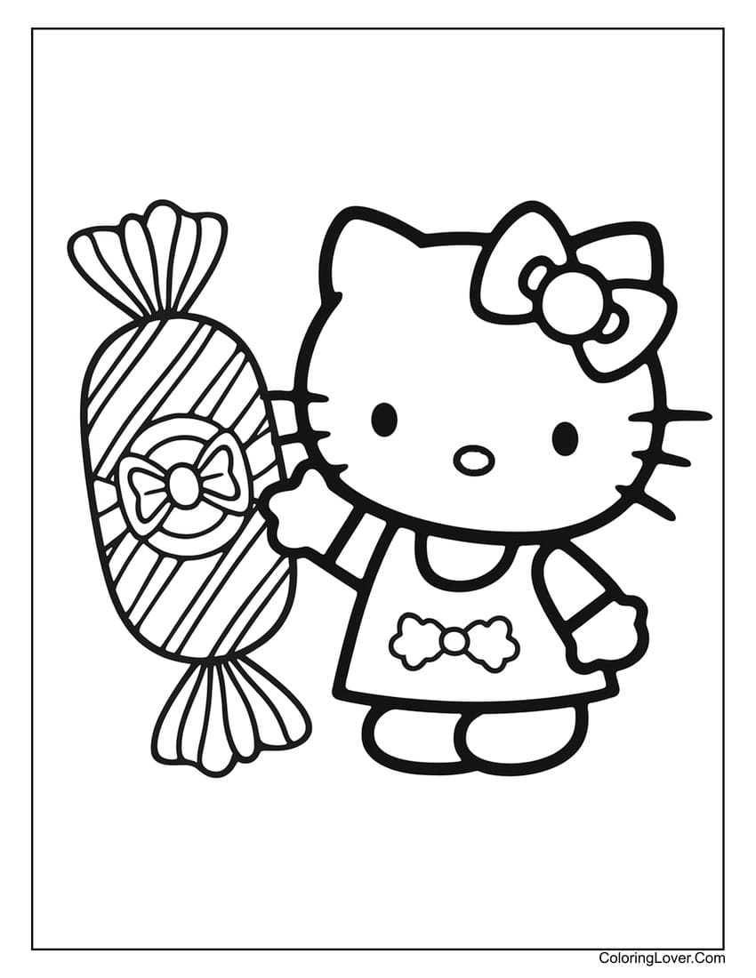 Hello Kitty holding a big candy coloring page