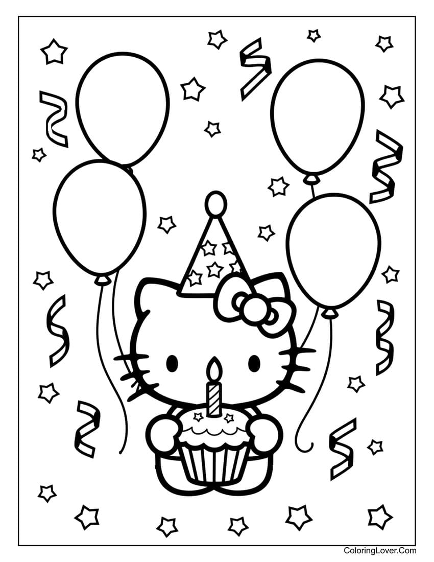 Hello Kitty holding birthday cupcake coloring page