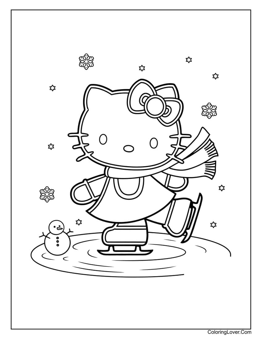 Hello Kitty ice skating in winter coloring sheet