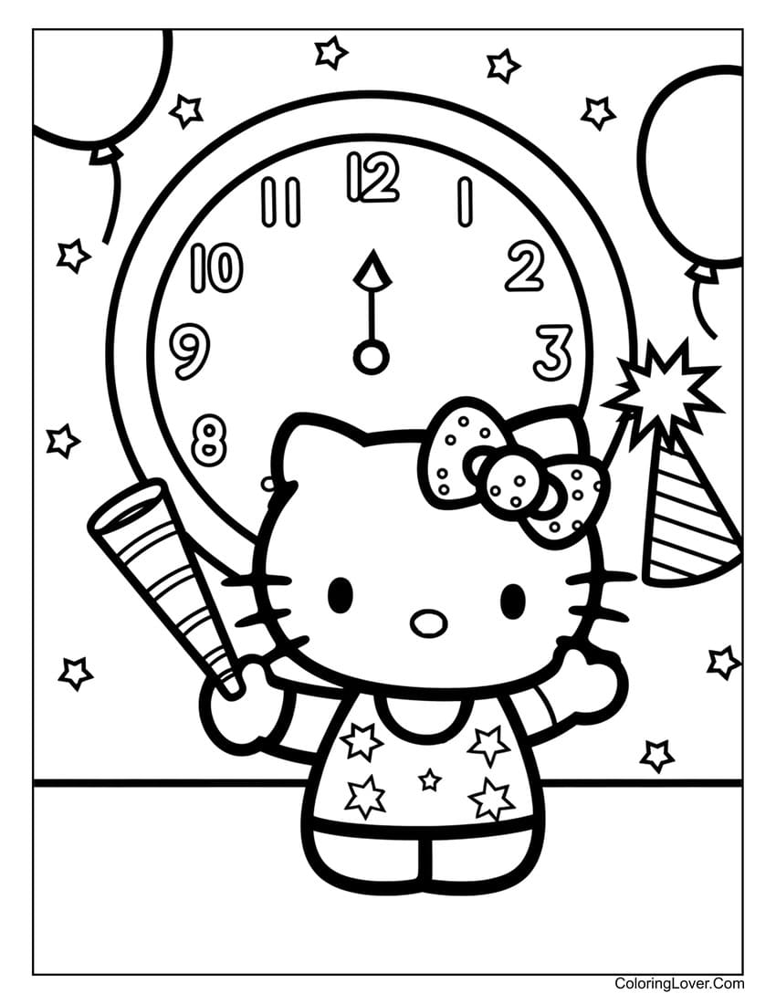 Hello Kitty New Year countdown clock coloring page