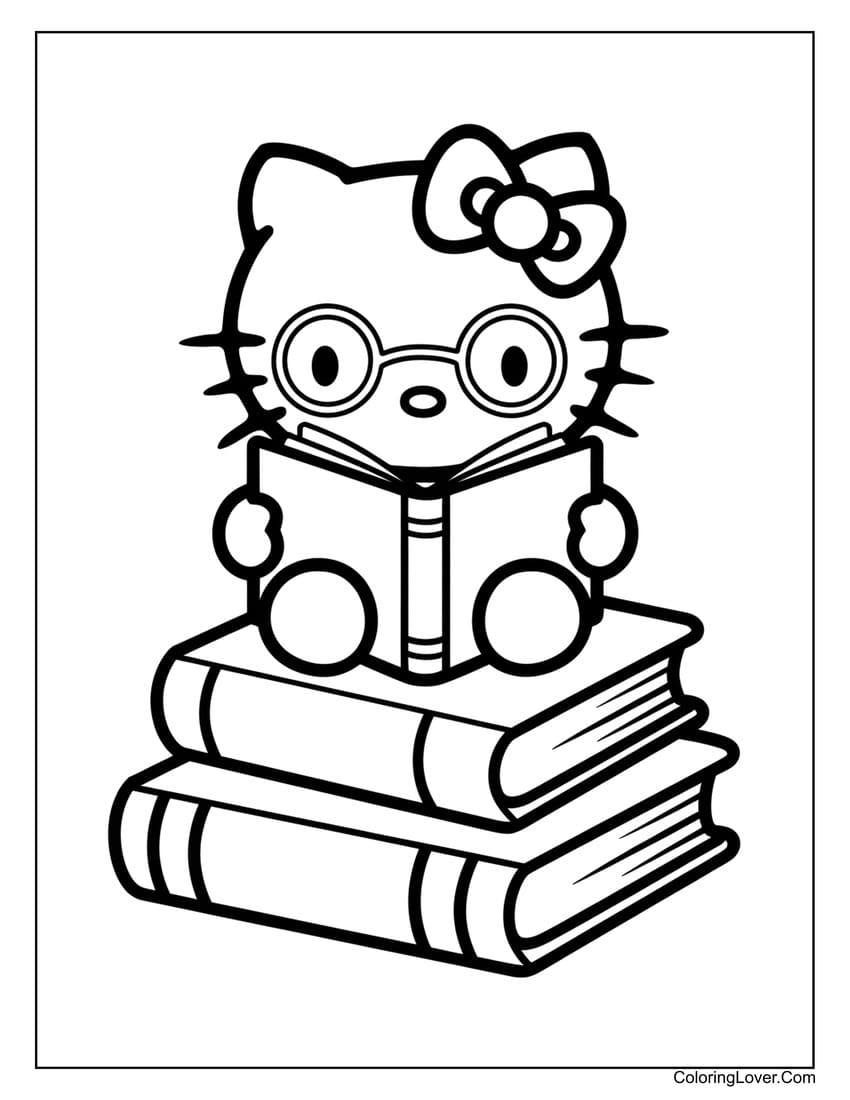 Hello Kitty reading books with glasses coloring page