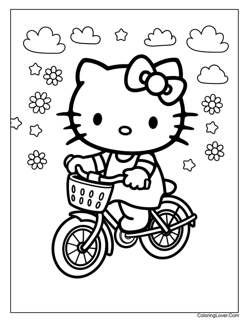 Hello Kitty riding a bicycle coloring page