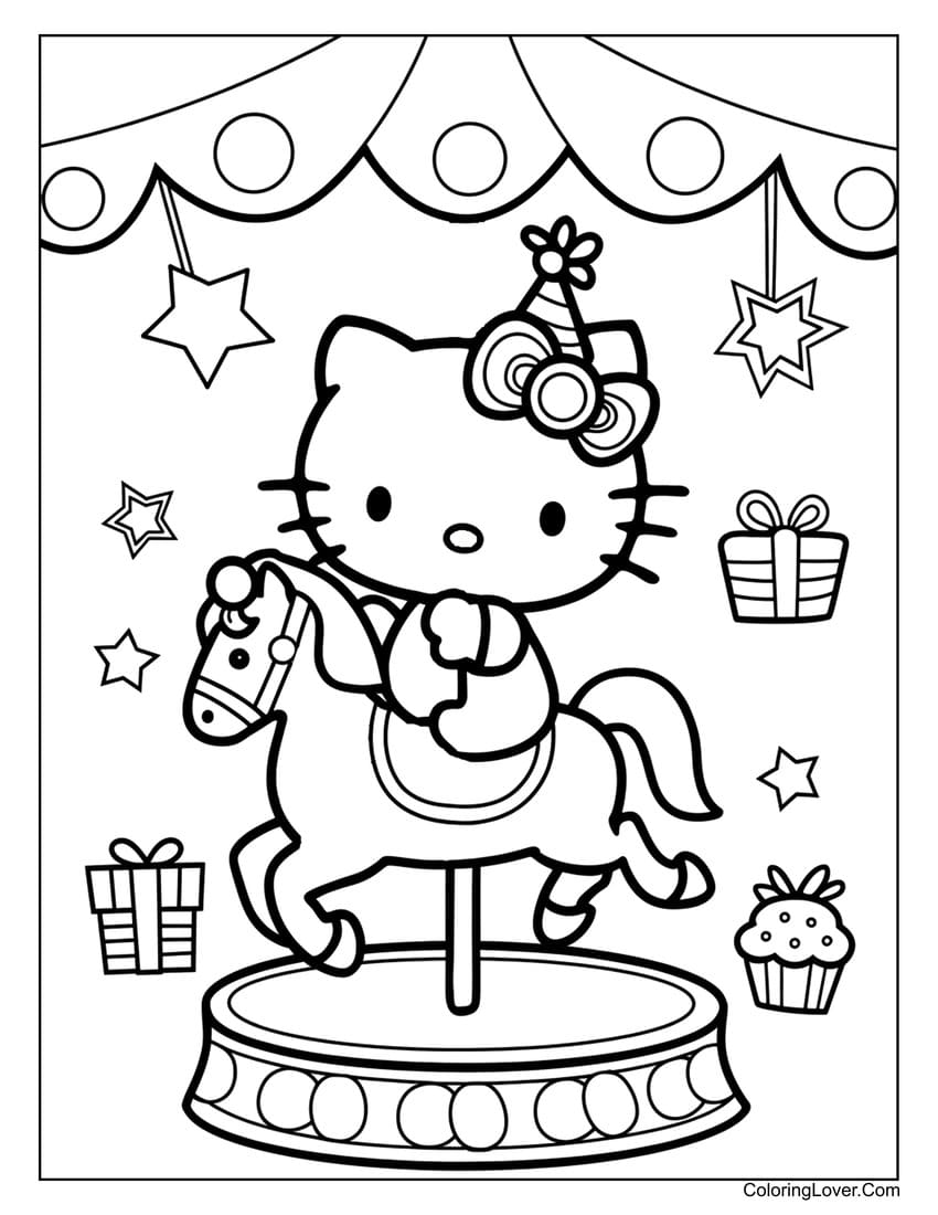 Hello Kitty riding a carousel horse at the fair coloring page